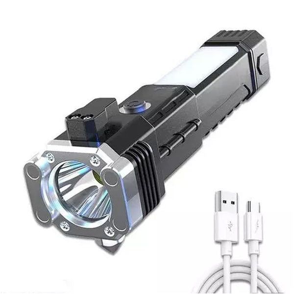 Portable 3W Rechargeable LED Flashlight – Long Beam, Hammer, Magnet, Seat Belt Cutter, 4 Modes for Car, Camping, Hiking.