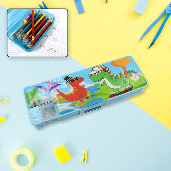 Multipurpose Plastic Compass Box – Double Deck Pencil Case with 2 Compartments, Cartoon-Printed Organizer for Kids, Ideal for School and Birthday Gifts (1 Pc, Mix Design).