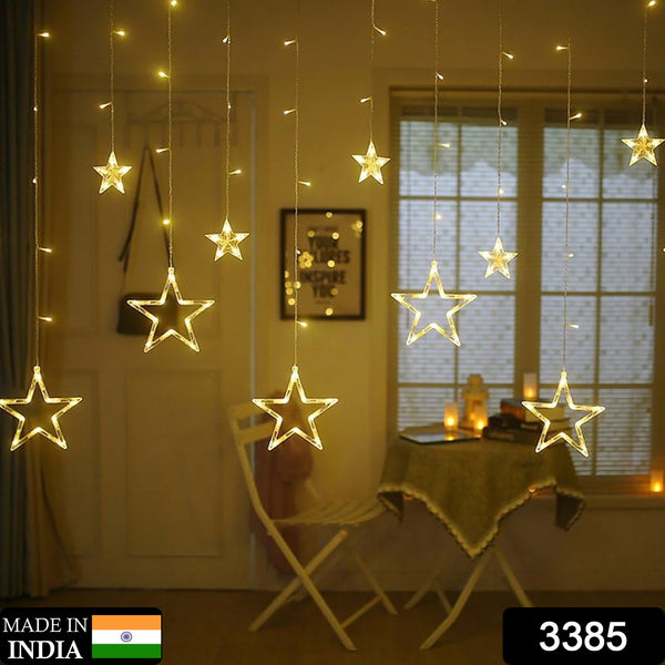 3385 12 Stars Led Curtain String Lights With 8 Flashing Modes For Home Decoration Diwali  Wedding Led Christmas Light Indoor And Outdoor Light Festival Decoration  (Warm White)