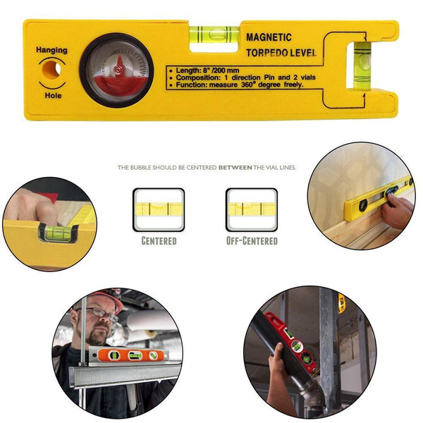 8-Inch Magnetic Torpedo Level – 1 Direction Pin, 2 Vials, 360-Degree View for Precise Measurements