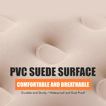PVC suede surface with text highlighting comfort, durability, and features on a beige background.