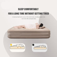 Inflatable bed with a person lying on it, featuring Cockatoo branding and text about comfort and sleep.