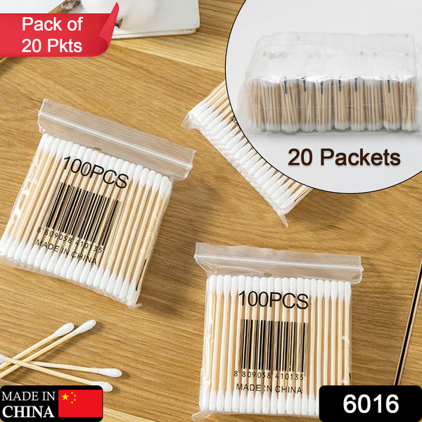 6016 Cotton Swabs Bamboo With Wooden Handles For Makeup Clean Care Ear Cleaning Wound Care Cosmetic Tool Double Head Biodegradable Eco Friendly (Pack Of 20)