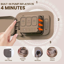 Handheld pump with features highlighted on a beige background