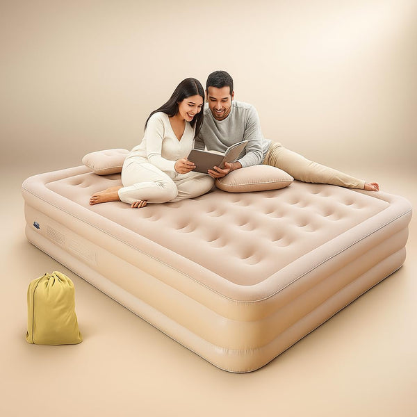 Two people sitting on an inflatable mattress with a beige background