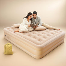 Two people sitting on an inflatable mattress with a beige background