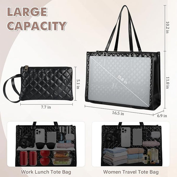 2-in-1 Tote Bag with Matching Pouch | Large Capacity Faux Leather Work & Lunch Shoulder Bag Top Trendy Essentials
