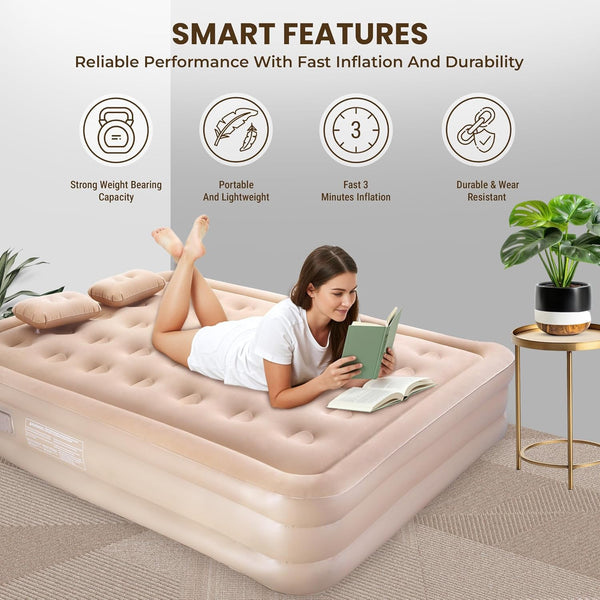 Inflatable air mattress with a woman reading a book, surrounded by plants and a small table.