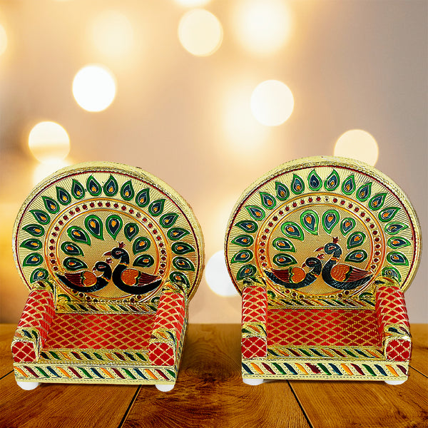 Meenakari Work Laddu Gopal Singhasan – Wooden Krishna Asan for Pooja Mandir, Home or Office Decoration (2 Pc Set)