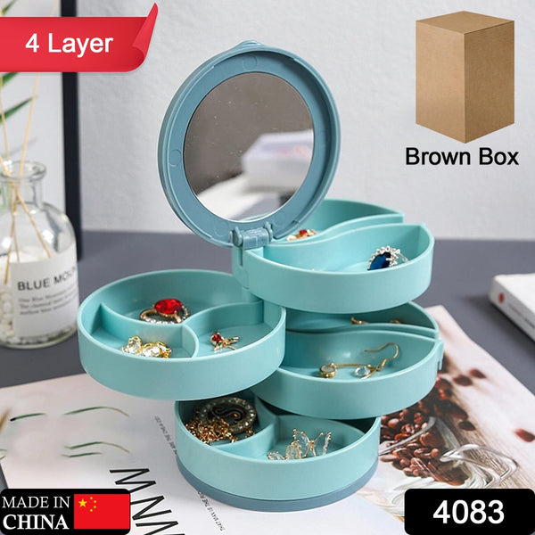 4-Layer 360° Rotating Jewelry Box - Earring & Necklace Organizer with Mirror, Portable Storage Case for Travel & Home