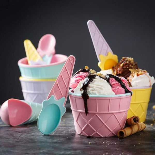 Ice Cream Waffle Spoon Bowl Set - Premium 2-Piece Ice Cream Bowl with Spoon for Couples