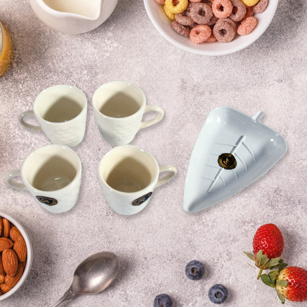 Crysta Ceramic Tea Cups Set – Includes Plastic Tray, Ideal for Milk, Coffee, Tea &amp; Breakfast (5 Pcs Set)