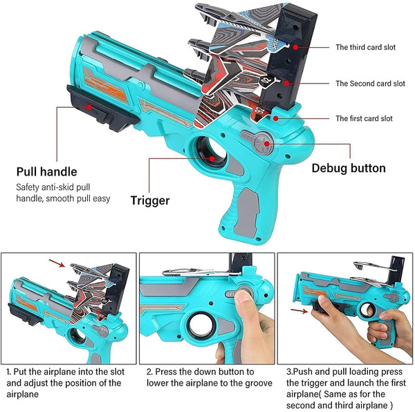 Airplane Launcher Gun Toy – Features foam glider planes and an air battle gun for outdoor fun. Includes 5 planes, perfect for children’s games and activities.