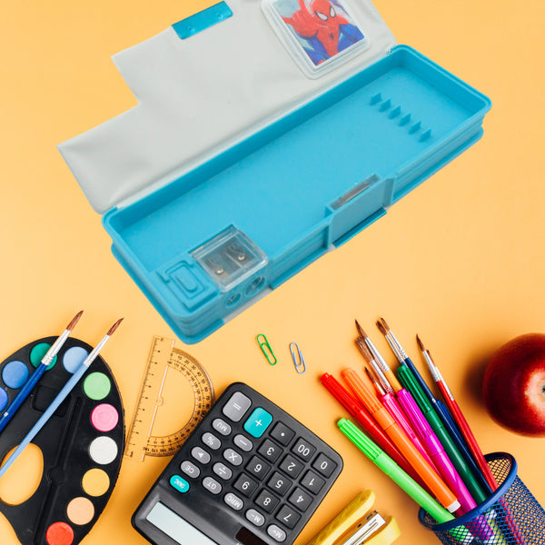 Cartoon Geometry Box with Inbuilt Calculator, Dual-Side Opening & Double Sharpener – Multifunctional Art Stationery Kit for Boys and Girls