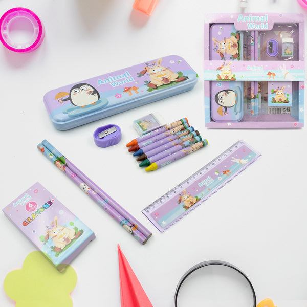 School Supplies Stationery Kit – 12-Piece Set with Pencil Box, Crayons, Ruler, Eraser, Sharpener, and More for Kids' Birthday Gifts