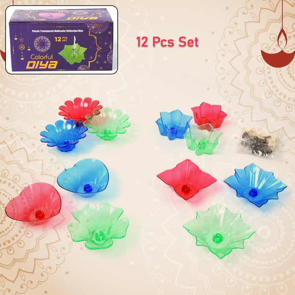 Colourful Reflection Diya Combo Plastic Candle Cup With Multi Shape (12 Pcs Set)