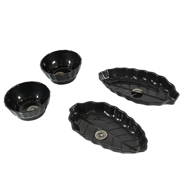 Ertiga Round Ceramic Bowl Set – Includes Plastic Leaf Shape Serving Platter (4 Pcs Set)