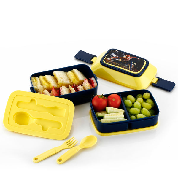 Double Layer Lunch Box – Stylish lid with fork and spoon, perfect for children's school lunches.