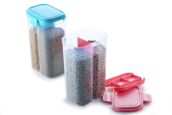 Plastic 2-Section Airtight Food Storage Container - Transparent, 2L Capacity for Grains and Cereal