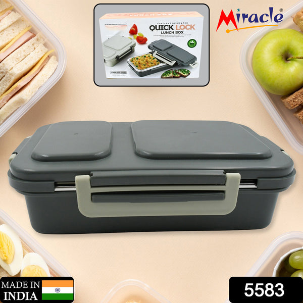 5583 Miracle Quick Lock Leak Proof 2 Compartment Stainless Steel Lunch Box Inner Plate Reusable Microwave Freezer Safe Lunch Box Trendy Thermal Insulation Leak Proof For Office Vacuum Tiffin Box For Boys  Girls  School  Office Women And Men