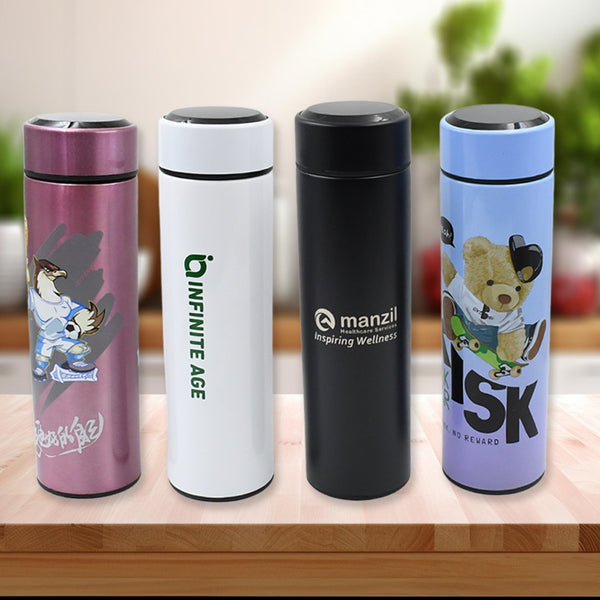 Printed Smart Vacuum Insulated Water Bottle - 500ml with LED Temperature Display (1 Pc, Multicolor Mix Design)