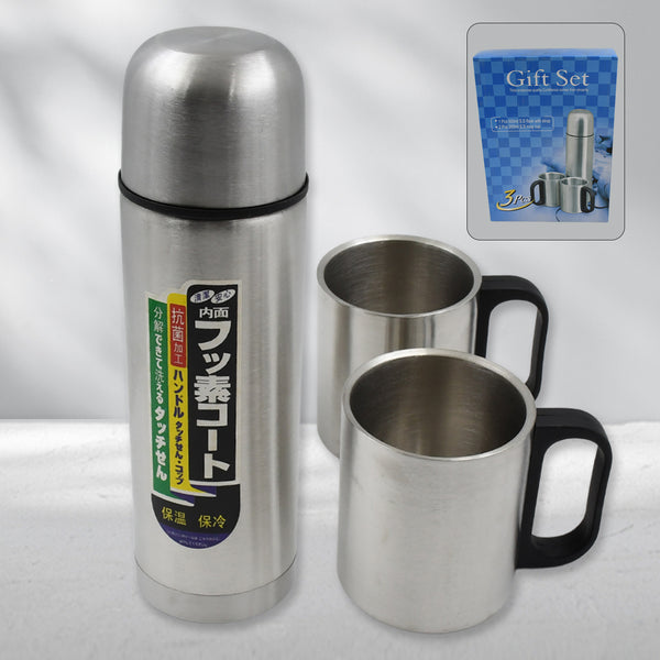 Double Wall Stainless Steel Thermos Flask 500ml – Vacuum Insulated Gift Set with Two Cups, Hot & Cold, Corporate Diwali Gift (3 Pcs Set)