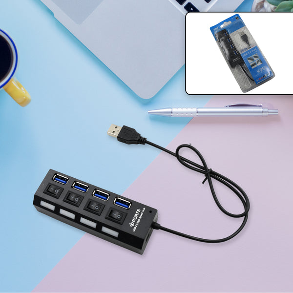 4-Port USB 2.0 Hub Splitter with On/Off Switch, High-Speed Multi-LED Adapter for Tablet, Laptop, and Computer