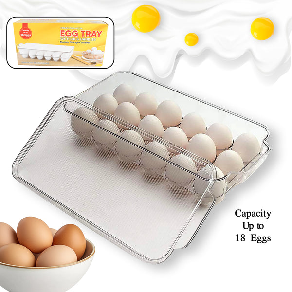 Plastic 18-Cavity Egg Storage Box – Rectangular Tray with Lid & Handles for Refrigerator (1 Pc)