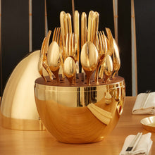 Premium Cutlery Set 24 Pcs With Oval Shaped Stand  Beautiful Stylish Oval Designed Cutlery Sets Egg-shaped Luxury Spoon Holder Set (Golden  24 Pcs Set)