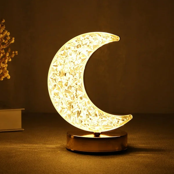 Crystal Moon Shape Table Lamp – Touch Control, 3 Colors, Stepless Dimming, USB Charging, Romantic Bedside Lamp for Kids' Bedroom