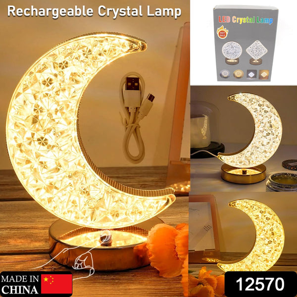 Crystal Moon Shape Table Lamp – Touch Control, 3 Colors, Stepless Dimming, USB Charging, Romantic Bedside Lamp for Kids' Bedroom