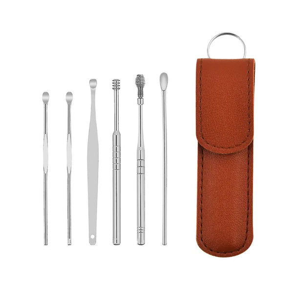 6317   6-in-1 Ear Wax Cleaner- Resuable Ear Cleaning Tools Leather Pouch - Ear Pick Wax Remover Tool Kit With Ear Curette Cleaner And Spring Ear Buds Cleaner Fit In Pocket Great For Traveling