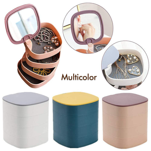 Jewelry organizer box - 4-layer 360° rotating design with mirror, multicolor storage for accessories and earrings.