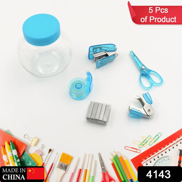 Mini Office Stationery Set - Includes Stapler, Scissors, Paper Clips, Tape Dispenser, Transparent Tape, and Staples.