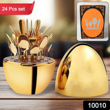 Premium Cutlery Set 24 Pcs With Oval Shaped Stand  Beautiful Stylish Oval Designed Cutlery Sets Egg-shaped Luxury Spoon Holder Set (Golden  24 Pcs Set)