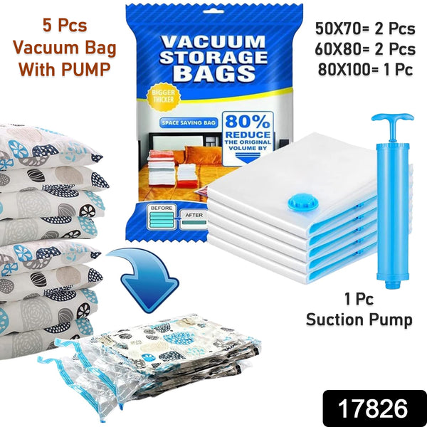 Vacuum Storage Bags With Suction Pump  Shirt Clips - Vacuum Bags - Big Capacity Vacuum Seal Bags For Travel Clothes Blankets Pillows Compression Bags  Space Saver Vacuum Storage Bags (5 Pcs Set)