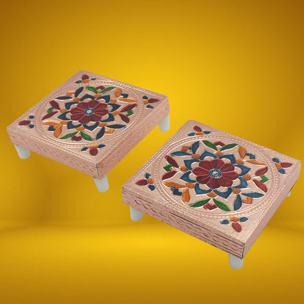 Handicraft Meenakari Wooden Chowki Puja Bajot For Home  Office Decor For Puja Multicolour (2 Pc Set)