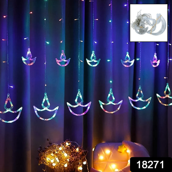 Multicolor 12 Diya Curtain String Lights – 8 Flashing Modes for Window & Home Decoration (Multi-Color)