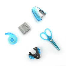 Mini Office Stationery Set - Includes Stapler, Scissors, Paper Clips, Tape Dispenser, Transparent Tape, and Staples.