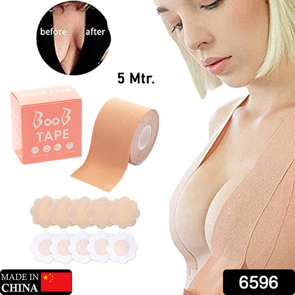 6596 Boob Tape With 10 Pairs Nipple Cover Cotton Wide Thin Breast Tape - Womens  Girls Breast Lift Booby Tape - Push Up  Lifting Tape - Suitable For All Breast Types - Breast Lift Bra Tape - Bob Tape For Natural Breast Lift (1 Pc 5 Meters)