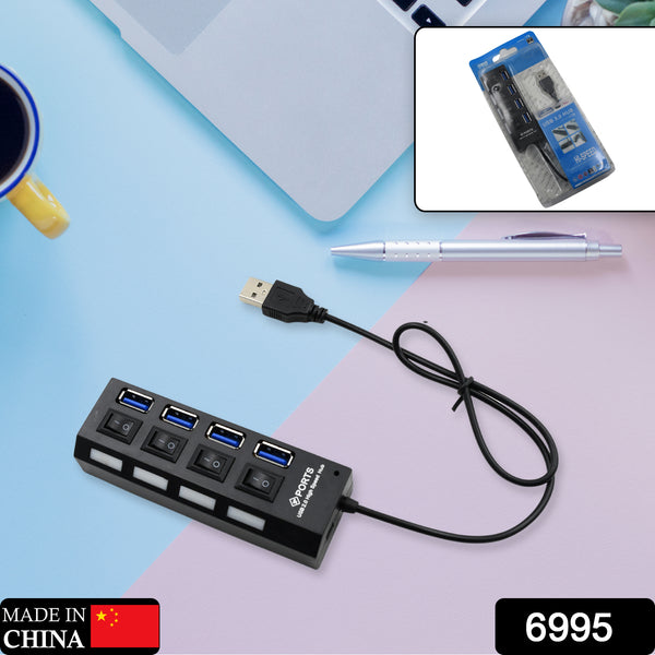 4-Port USB 2.0 Hub Splitter with On/Off Switch, High-Speed Multi-LED Adapter for Tablet, Laptop, and Computer