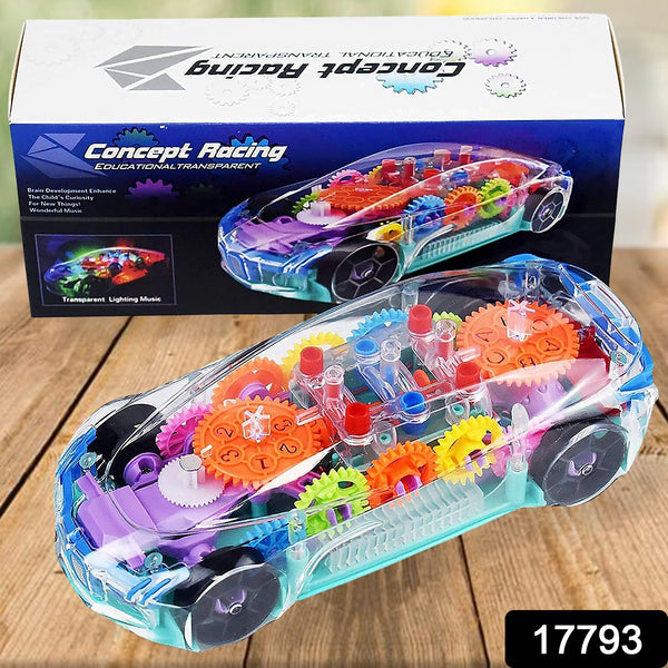 Automatic 360° Rotating Transparent Gear Car – Musical Toy with 3D Flashing Lights for Kids (Multicolor, Battery Not Included)