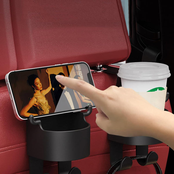 Car Headrest Backseat Organizer – 3-in-1 Phone, Cupholder & Hooks for Travel