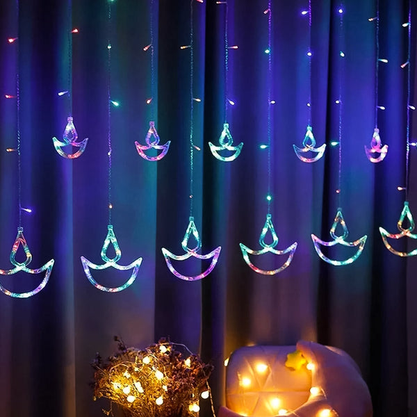 Multicolor 12 Diya Curtain String Lights – 8 Flashing Modes for Window & Home Decoration (Multi-Color)