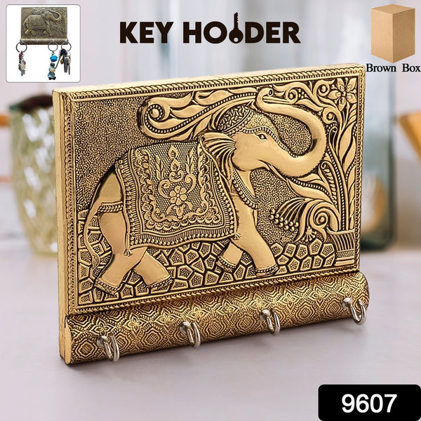 Wooden Key Holder for Home Decor – Stylish Metal Gold Antique Elephant Design (1 Pc)