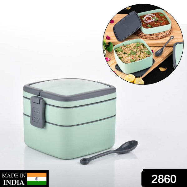 Stackable Green Double-Layer Lunch Box with Handle and Spoon - Portable Design