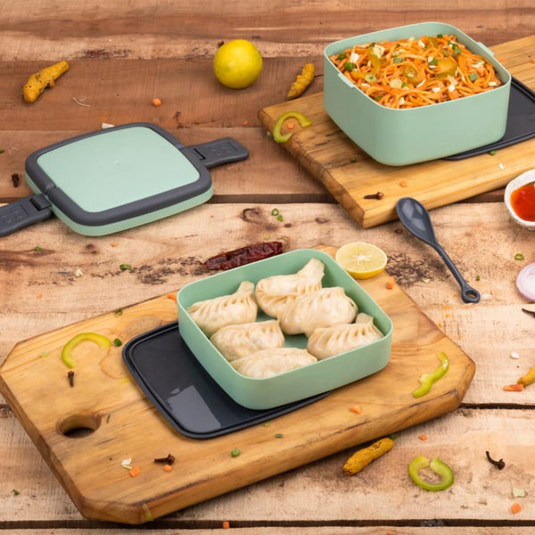 Stackable Green Double-Layer Lunch Box with Handle and Spoon - Portable Design