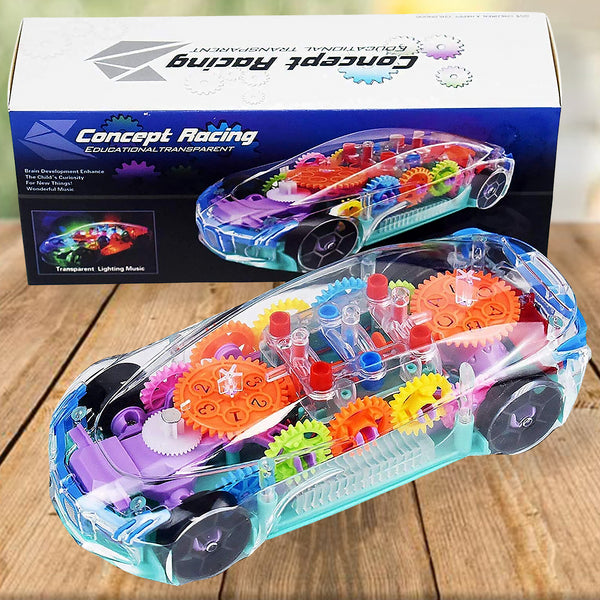 Automatic 360° Rotating Transparent Gear Car – Musical Toy with 3D Flashing Lights for Kids (Multicolor, Battery Not Included)