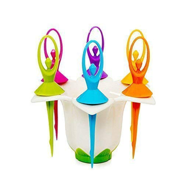 Dancing Doll Fruit Fork Cutlery Set with Stand - Set of 6