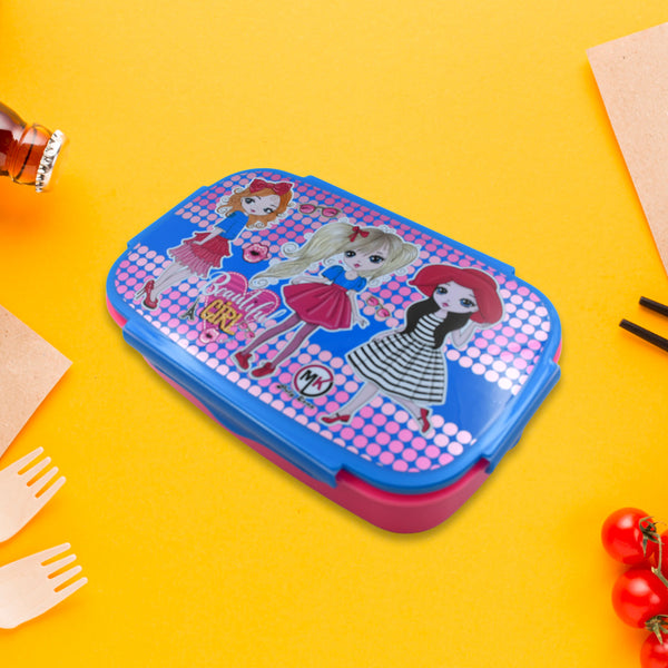 5983 Cartoon Printed Plastic Lunch Box With Inside Small Box  Spoon For Kids Air Tight Lunch Tiffin Box For Girls Boys Food Container Specially Designed For School Going Boys And Girls